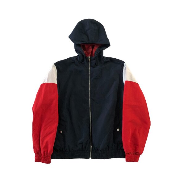 H&M Divided Mens M Full Zip Blue Red White Hooded Full Zip Windbreaker Jacket - Picture 1 of 7
